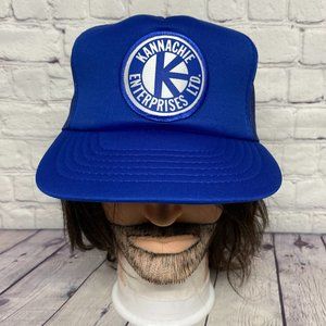 Vintage Trucker Hat Mesh Cap Snapback Blue KANNACHIE Enterprises Patch Logo 80s